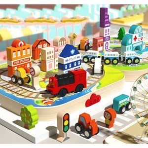 پازل شهر کوچک چوبی تاشو همراه با قطار و ماشین، 90 قطعه مدل TOYARTSY Track Box City_بازی فکری
